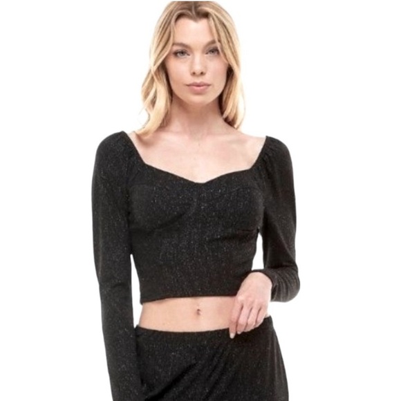Lily Rose Black Sparkle Long Sleeve Bustier Crop Top Size Small - Picture 1 of 9